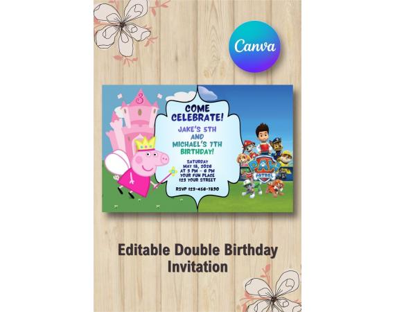 Twin Peppa Pig and Paw Patrol Birthday Invitation | Canva Template